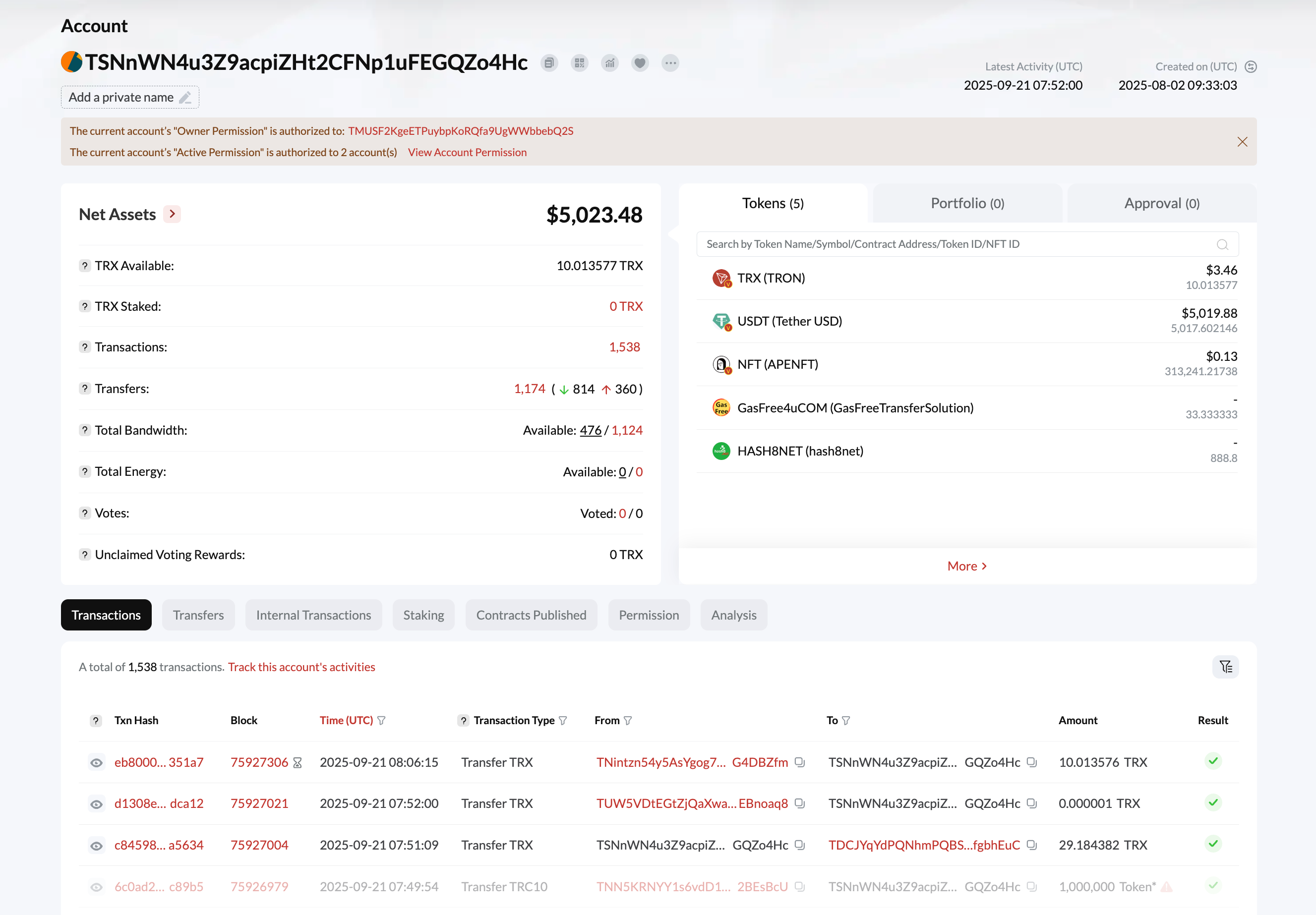 TronScan account overview showing enticing USDT balance