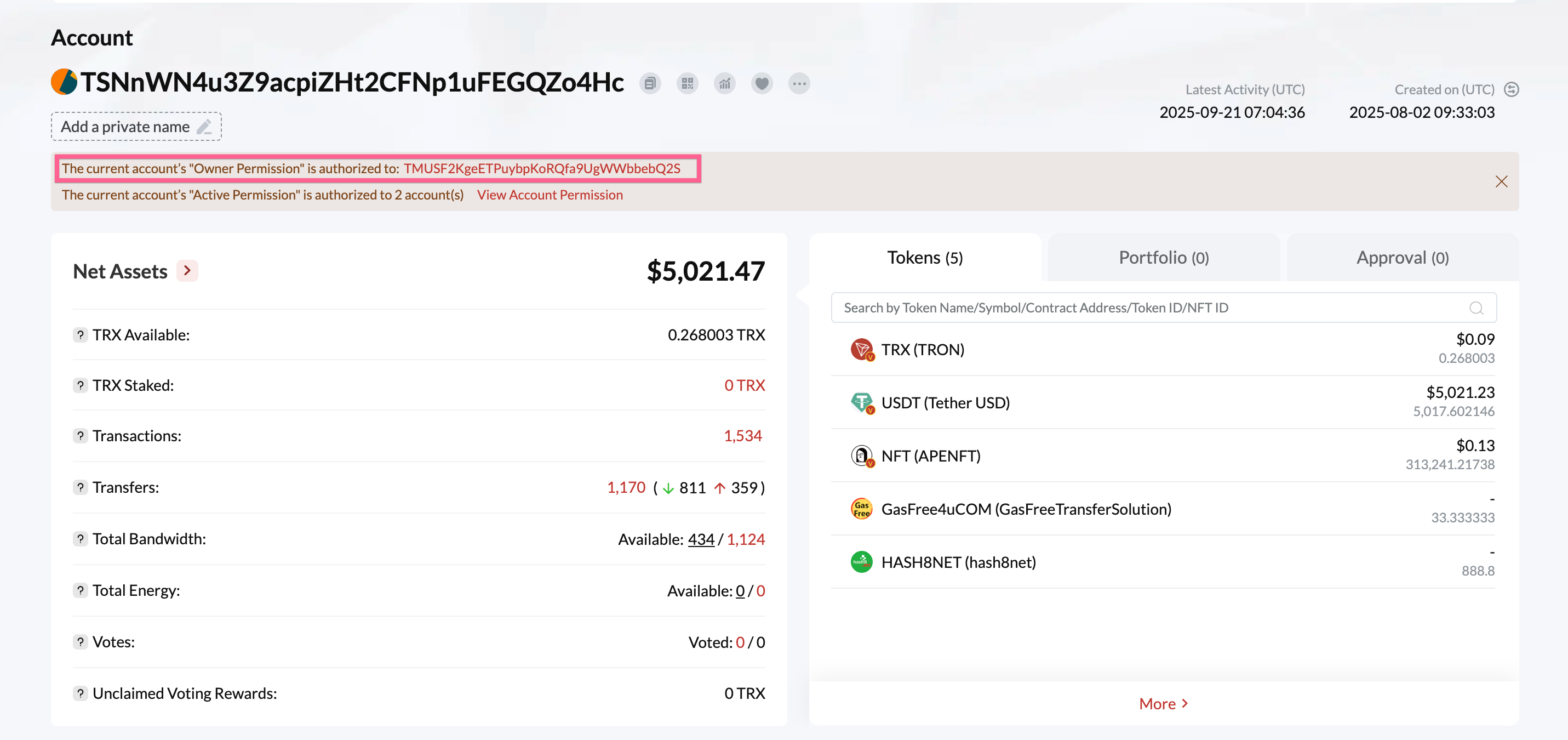 Owner Permission tab showing another wallet in control